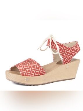 Sedette Women's wooden and canvas Platform Sandals with Rope Ankle Tie—size 7